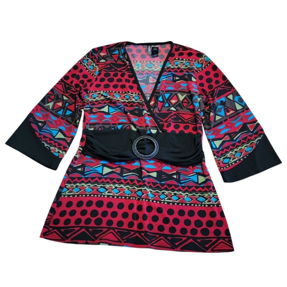 Bisou Bisou Blouse V-Neck Shirt Colorful Geometric Buckle Y2K Womens Large EUC